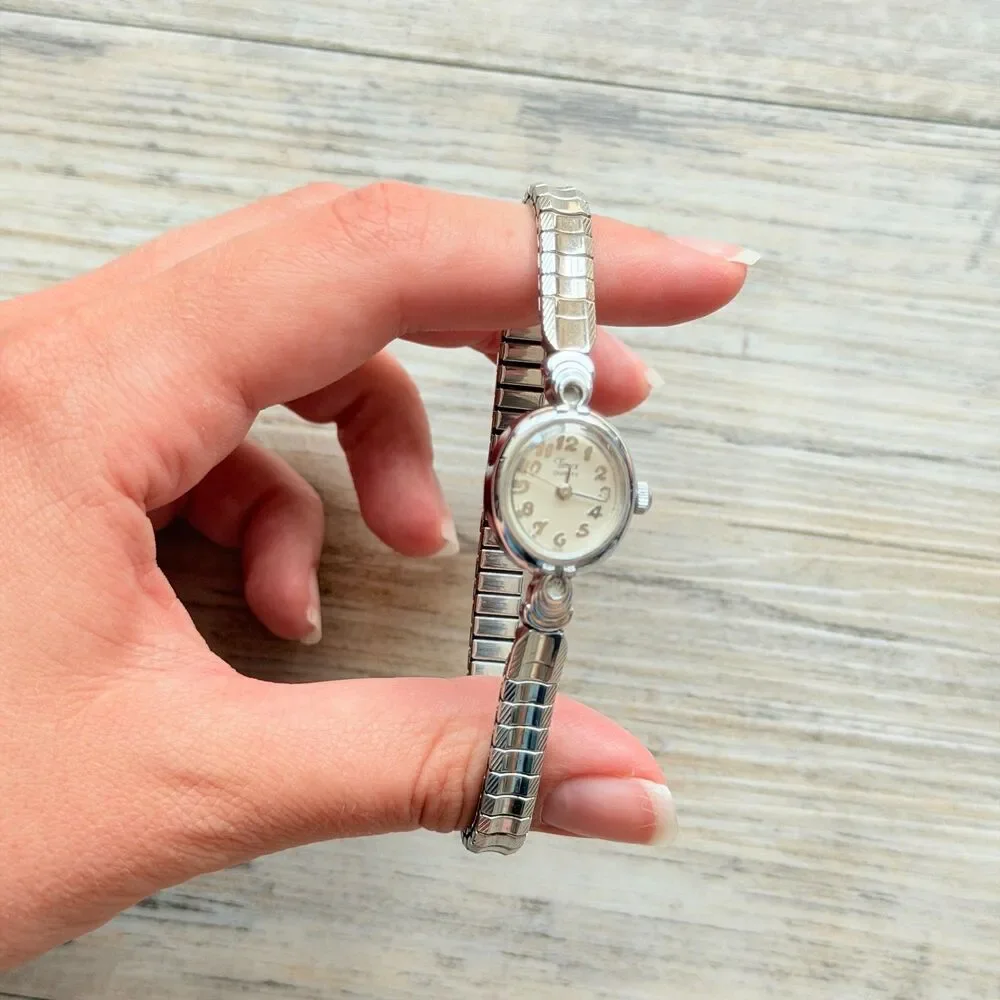 Vintage Timex Watch Dainty Silver Tone Bracelet Antique Cocktail 90s 50s Working